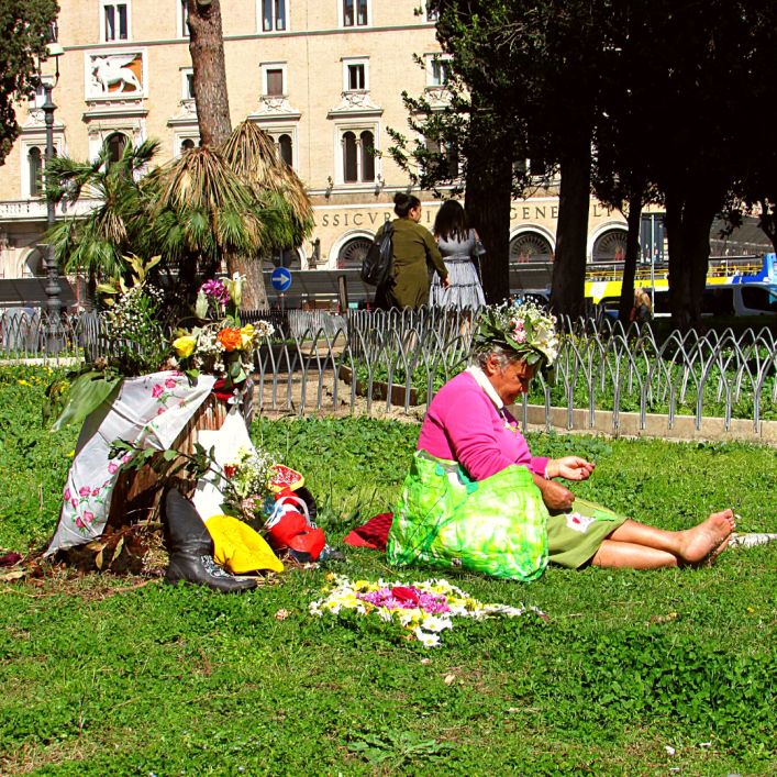 woman sitting on grass, colourfull, park, rome, italy