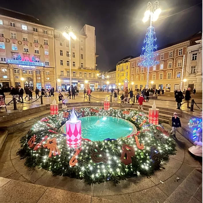 Christmas wreath on city square, christmas market, Zagreb, Croatia