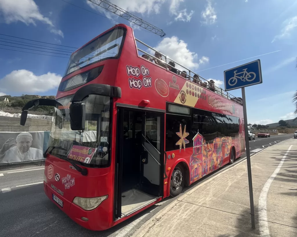 red bus, doubledecker, hop on hop off bus, Gozo, Malta