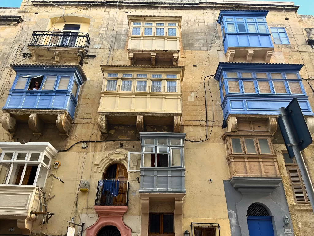 facade, coloured wooden balconies, malta,