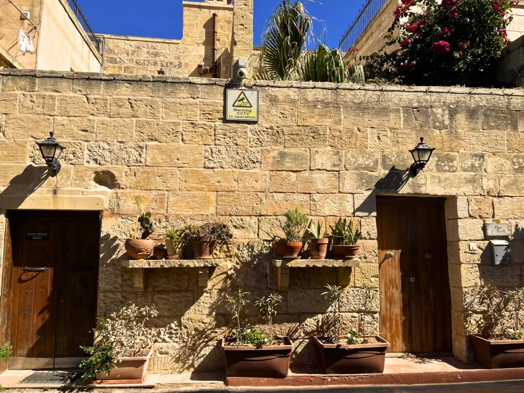 stone house, pots with plants, Malta