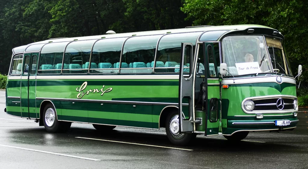 antique bus, mercedes, green bus